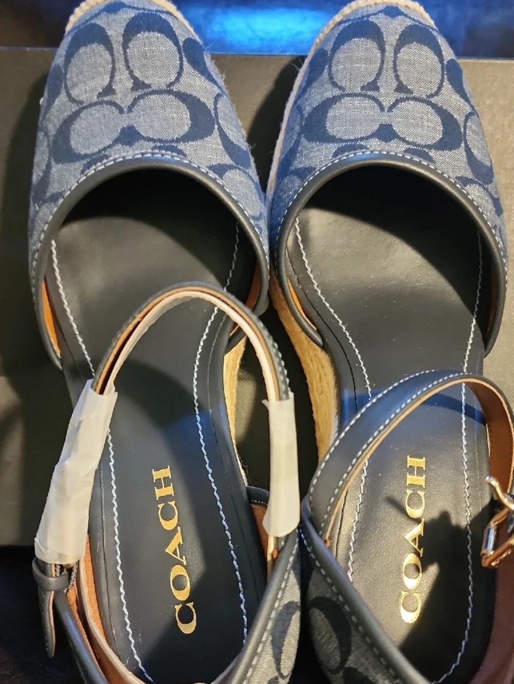 Coach Blue Signature Canvas Espadrille Wedge Sandals with Ankle Strap
